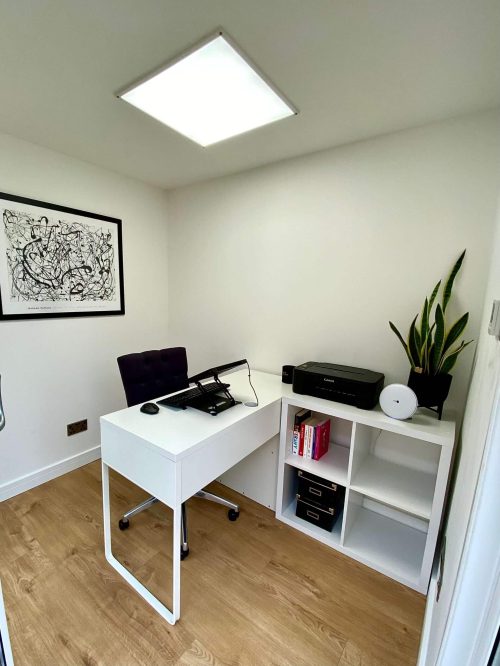 inside small garden office in sevenoaks kent