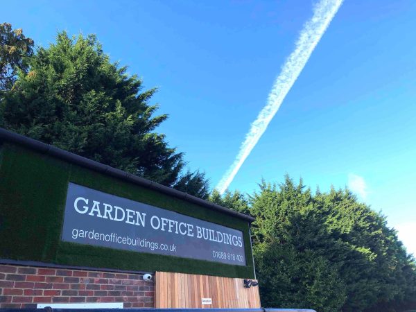 garden office buildings banner at showroom